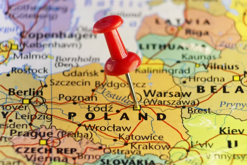 Pin marking location of Warsaw, Poland's capital