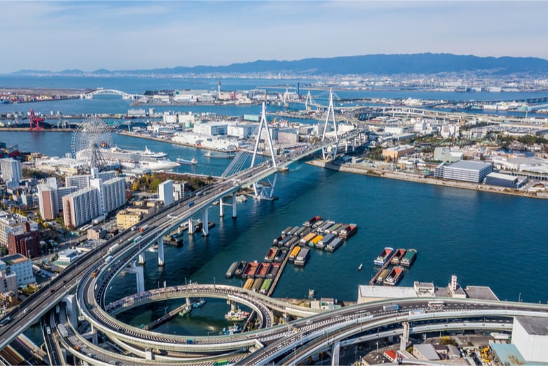 Aerial view port of Osaka City, large port city and commercial center on the Japanese island of Honshu, Osaka, Japan.