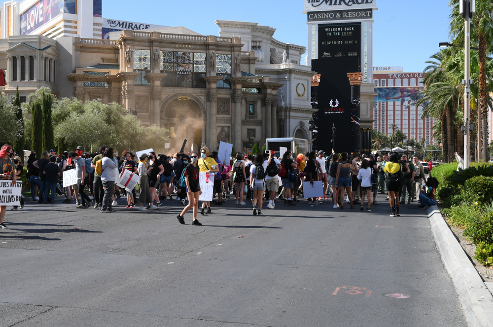 People protesting the death of George Floyd on the streets of Las Vegas