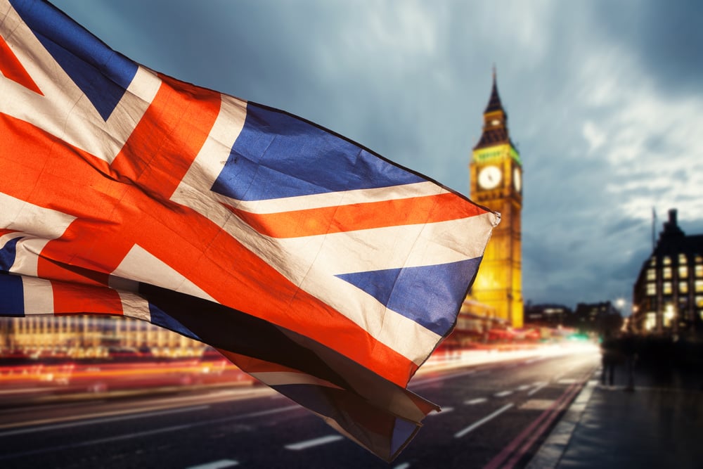 UK Union Jack flag with Big Ben building in background